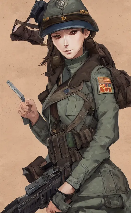 Image similar to portrait of a female soldier, highly detailed, high resolution, military camp in the background, the front of a modern trading card, illustration, character concept art, stunning, girls frontline style, matte, 100mm, by japanese artist shibafu, realistic human anatomy, realistic military carrier, modern warfare, realistic gun design, digitally draw on wacom tablet, low saturation, small eyes, hard surfaces