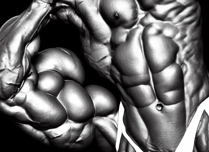 Prompt: an inflatable body builder, closeup portrait. shot by platon using a leica with flash, kodak gold 3 5 mm film