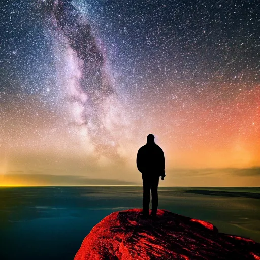 Image similar to 4K Epic Ultra HD detailed award-winning wallpaper silhouette of lonely man standing on rock looking at huge vast sky universe Milky Way aurora