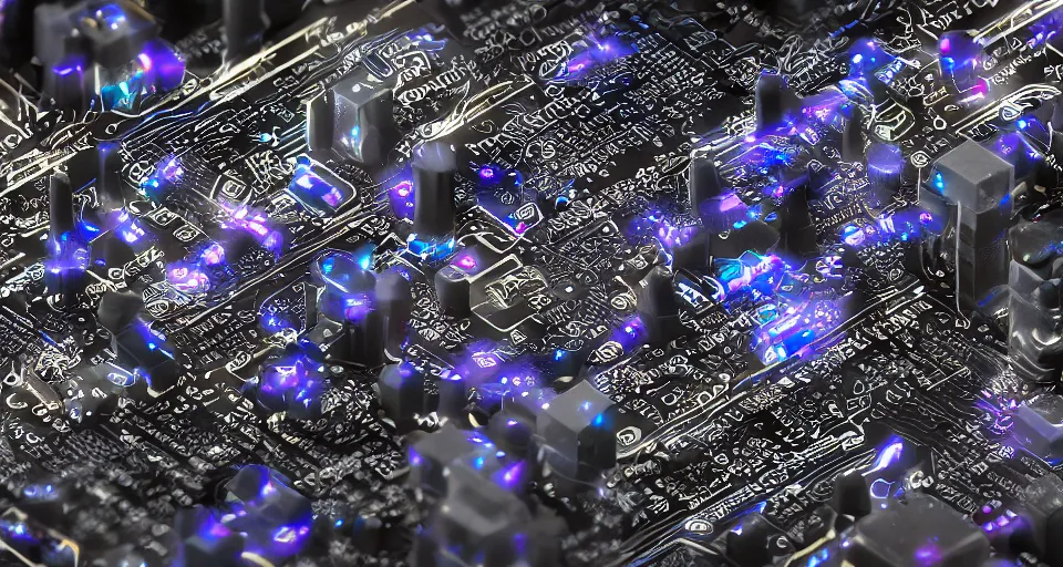 Prompt: close - up render of a fantasy motherboard circuit made and powered by crystalline circuitry. trending on artstation.