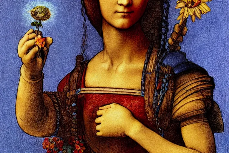 Image similar to multicolor drawing of a pretty girl with a robotic arm holding a flower by leonardo da vinci in 4 k ultra high resolution, with depressive feeling