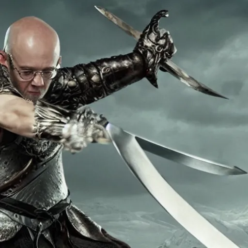 Prompt: bald white man wearing glasses slays a monster with a broad sword in elden ring ( 2 0 2 2 ), 8 k wide shot