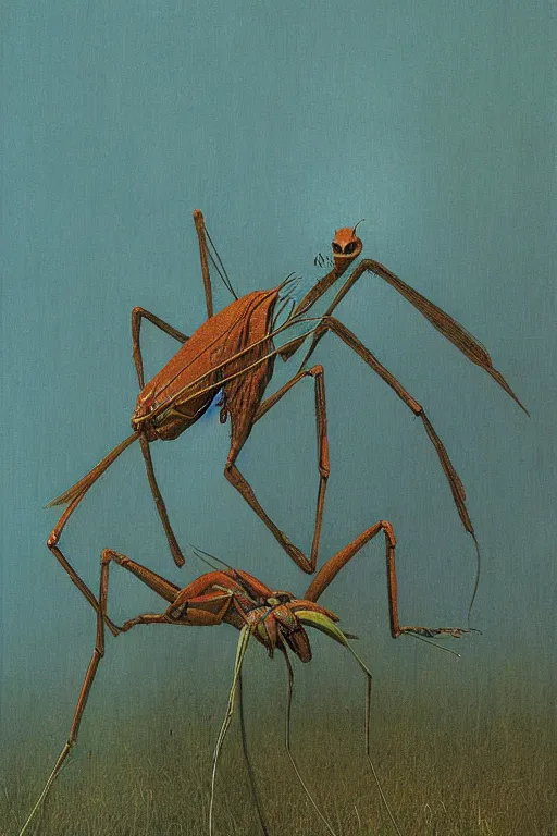 Prompt: big mantis eating small mantises by zdzislaw beksinski