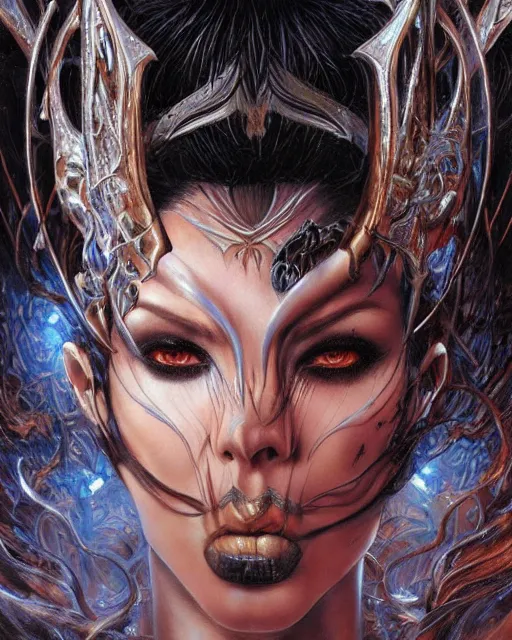 Image similar to a highly detailed airbrush painting of an evil female fantasy sorceress with piercing beautiful eyes art by karol bak and donato giancola and mark brooks, centered, mysterious, dark beauty