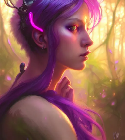 Image similar to stunningly beautiful female neon and purple hair, fantasy art, fae priestess, lush forest landscape, dark light night, goddess sharp focus, digital, painting, 8 k, concept art, art by wlop, artgerm, greg rutkowski and alphonse mucha