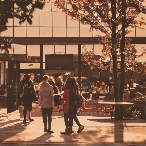 Image similar to cinematic photo of ghostly apparitions at a starbucks in the late afternoon with red sunlight