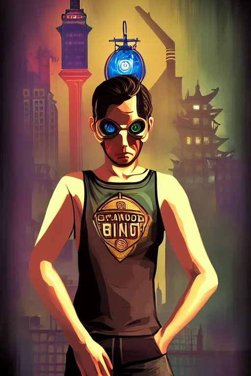 Image similar to boy with singlet tshirt and towel on shoulder. bioshock art style, grand theft auto chinatown art style, pop art, dynamic proportional, digital painting, artstation, concept art, smooth, sharp focus, illustration, intricate, hyperdetails, art by richard hamilton and mimmo rottela, pixels art by paul robertson