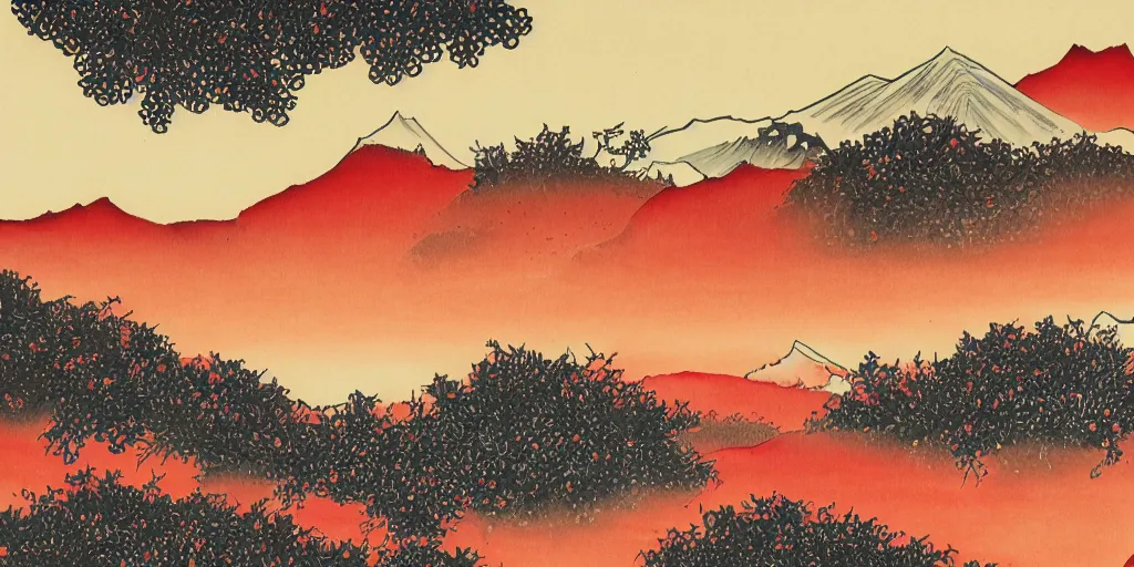Prompt: jappanese ink painting of a blooming cherry blossom forest with mountains in the background and a deep red sun, colorful, detailed