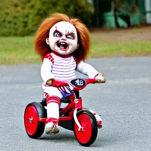 Prompt: cute screaming chucky doll riding a tricycle
