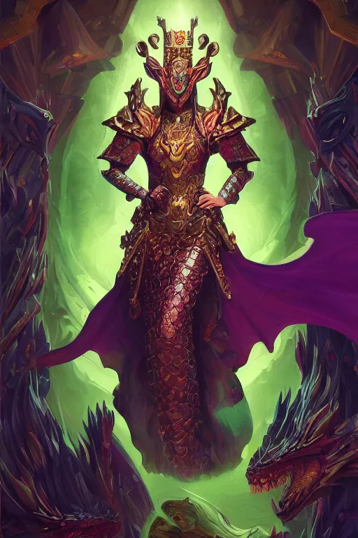Prompt: masterpiece digital painting of a queen reptilian, dragon centered, gold obsidian armor, chaotic ruby inlays, large cape, background, by kev walker and greg rutkowski and mucha, green sparkles, artstation, hearthstone, cinematic lights