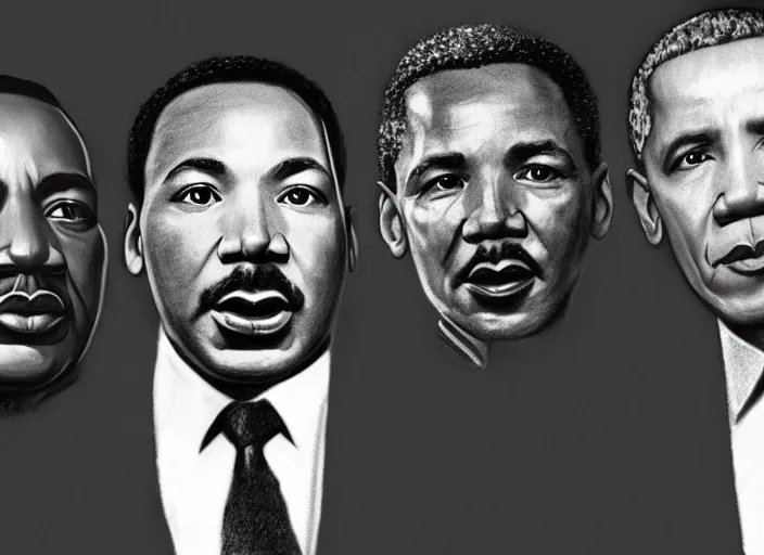 Image similar to basic pencil drawing of martin luther king, michael jackson, presidant obama and nelson mandela together uhd, ultra realistic, 4 k, movie still, detailed, sharp, real life, cinematic