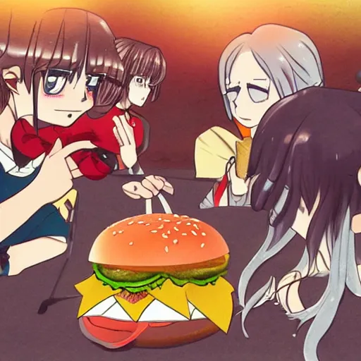 Image similar to a hamburger in an anime battle, drawing, cinematic,