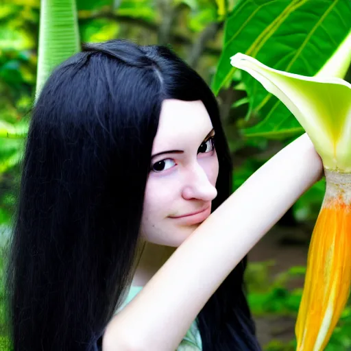 Prompt: pale anime girl with black hair, holding brugmansia flower in her hand, colour