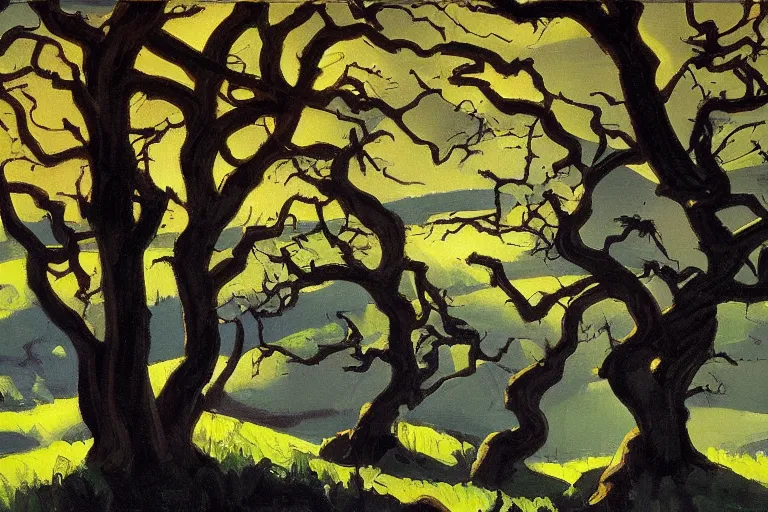 Image similar to masterpiece painting of oak trees on a hillside overlooking a creek, dramatic lighting, by john watkiss