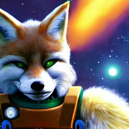 Image similar to a portrait of fox mccloud firing a blaster, anthropomorphic furry art, star fox, heroic close up, action, imax, 8 k, by jim burns