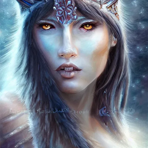 Prompt: fantasy wolf princess girl warrior tribe art drawn in art style of WLOP full HD 4K highest quality realistic beautiful gorgeous natural WLOP artist painting