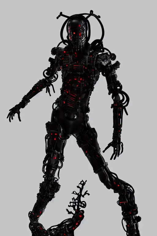 Prompt: full-body cyberpunk style sculpture of a young handsome dark god of battle, half android with a head opening exposing circuitry, glowing red eyes, black roses, flowing blood-red colored silk, fabric, candles. baroque elements, genetically augmented cyborg male. full-length view. baroque element. intricate artwork by caravaggio. Trending on artstation, octane render, cinematic lighting from the right, hyper realism, octane render, 8k, depth of field, 3D