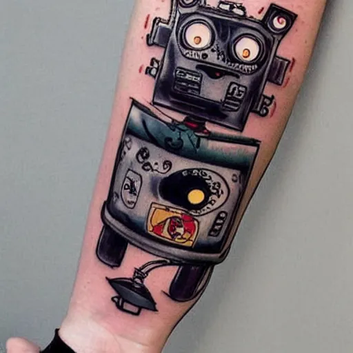 Image similar to Anime manga robot!! cat tattoo, cyborg cat, exposed wires and gears, fully robotic!! cat, manga!! in the style of Junji Ito and Naoko Takeuchi, cute chibi cat, tattoo on upper arm, arm tattoo