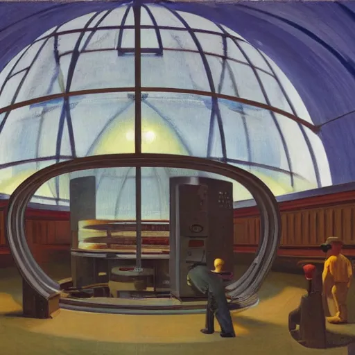 Image similar to scientists testing an experimental quantum plasma reactor in a dome - shaped control center, grant wood, pj crook, edward hopper, oil on canvas