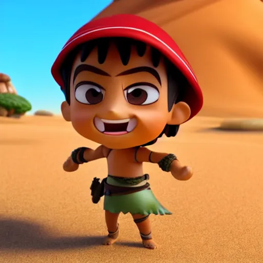 Image similar to cartoon funny arabian warrior as nendoroid walking in a desert in the croods movie style, anime, disney, pixar, 8 k, hd, dof, kodak film, volumetric lighting, subsurface scattering, photorealistic, octane render, details