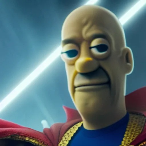 Prompt: A still of Homer Simpson as Dr. Strange. Extremely detailed. Beautiful. 4K. Award winning.