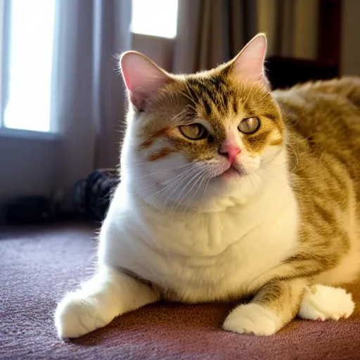 Prompt: sunny photo of an extremely fat and lazy cat in my apartment, taken with my nikon d 3