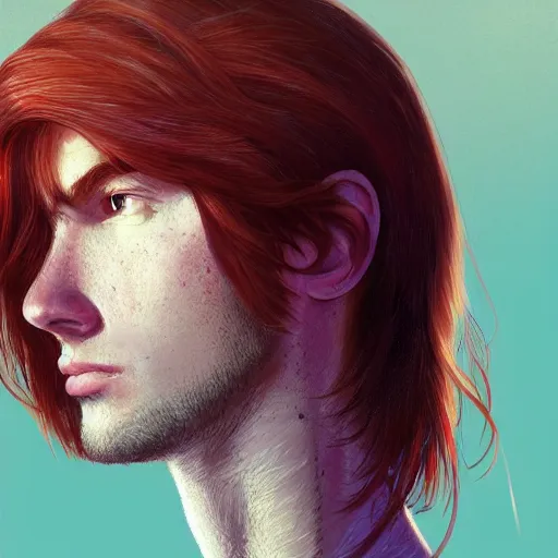 Image similar to portrait of a thin young man with long red hair, ponytail, a lot of freckles on his face, intricate, elegant, glowing lights, highly detailed, digital painting, artstation, concept art, smooth, sharp focus, illustration