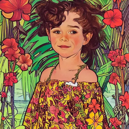 Image similar to a five - year - old caucasian girl with honey brown eyes and hair, wearing a hawaiian dress, dancing on a tropical beach, portrait, wide shot, midday light, bright colors, illustration, pop art, splash painting, graphic novel, art by geof darrow, ashley wood, alphonse mucha