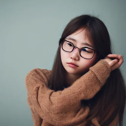 Prompt: portrait, award - winning photo, cute, beautiful, faired skin, round faced, brown colored long hair, bed hair, korean girl, sleepy, wearing round glasses, trendy clothes, bokeh