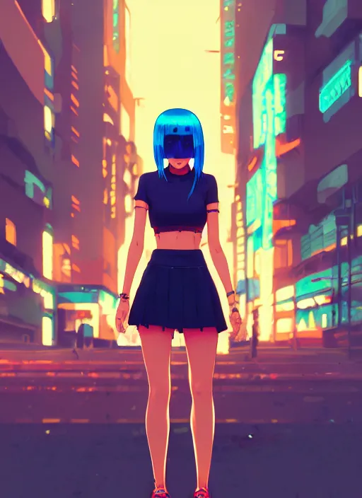 Prompt: digital illustration of cyberpunk pretty girl with blue hair, wearing a crop top and a skirt, full body pose, in city street at night, by makoto shinkai, ilya kuvshinov, lois van baarle, rossdraws, basquiat