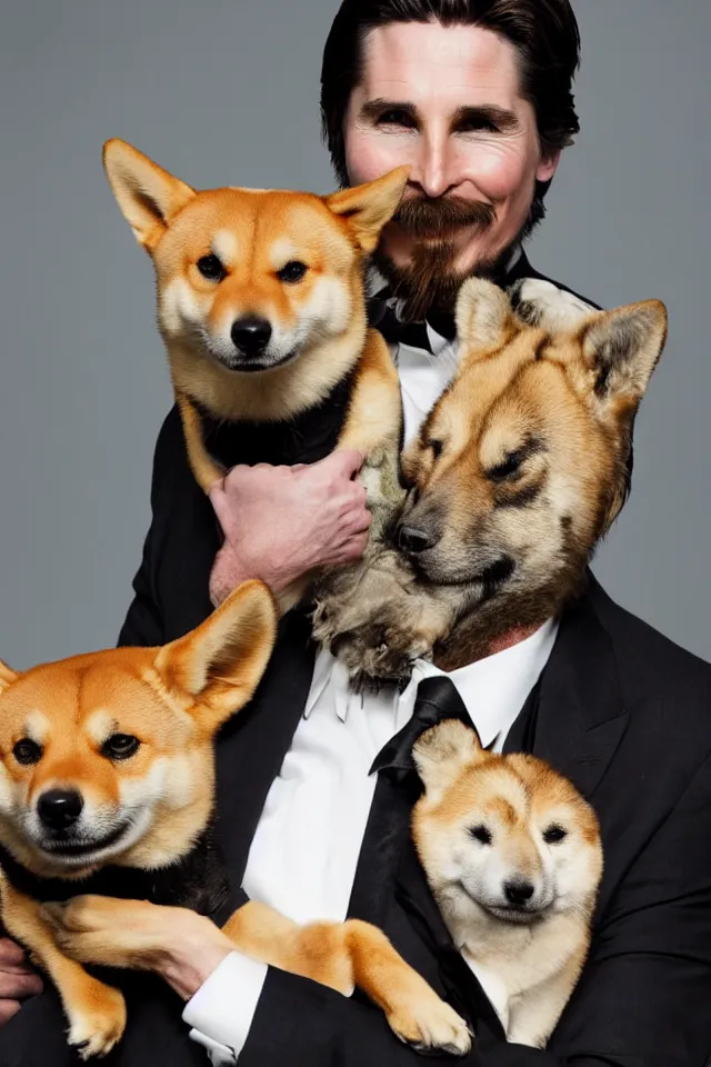 Image similar to a highly detailed portrait of christian bale wearing a suit, holding a shiba inu in his arms, hyperrealistic, highly detailed, 8 k, canon 2 4 mm f / 1. 4 lens,