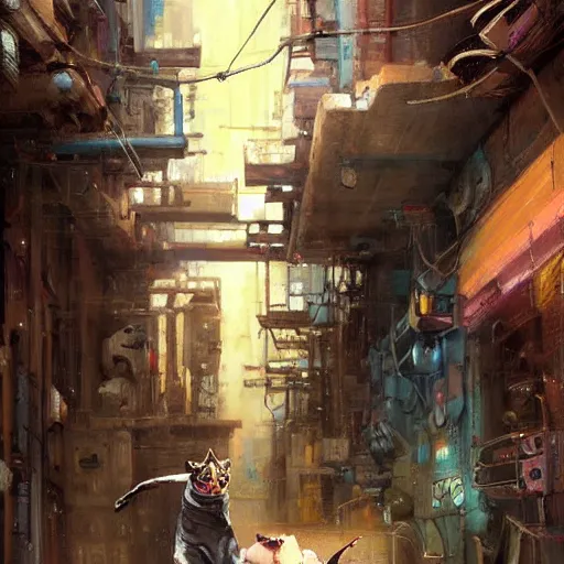 Image similar to a sphynx with robotic parts cat, in a cyberpunk alleyway by daniel gerhartz