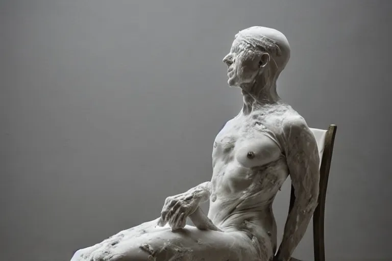 Image similar to a sculpture of a person sitting on a chair, a white marble sculpture covered with floating wax by nicola samori, behance, neo - expressionism, marble sculpture, apocalypse art, made of mist