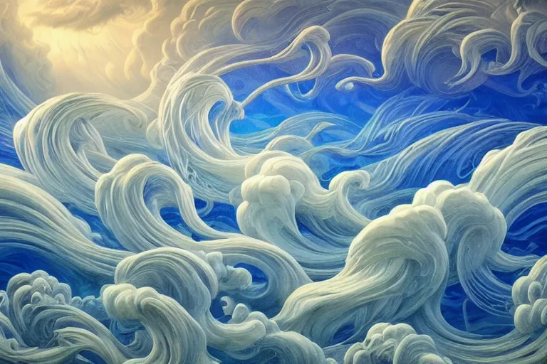 Image similar to a huge flock of many elaborate intricate smooth sculptural whirling elegant clouds puffy filigreed twisting turning cloud sculptures, tornadoes, art nouveau underwater environment, soothing, crepuscular, award winning art, epic dreamlike fantasy landscape, ultra realistic,