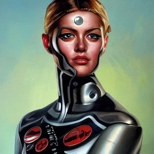 Prompt: portrait of a female android painted by Normand Rockwell and Sandra Chevrier