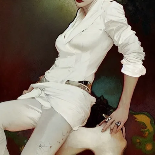 Image similar to beautiful portrait of androgynous ruby rose as desire from sandman in a white tuxedo!!!, rockabilly style, by alphonse mucha, cedric peyravernay, by jeremy mann, by frank moth, white suit and black tie, soft lightning, high detailed, 8 k