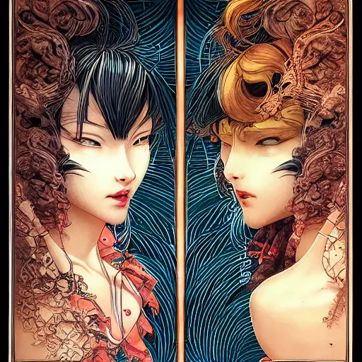 Image similar to face liking another face, inside a frame on a tiled wall, frontal picture, by yoichi hatakenaka, masamune shirow, josan gonzales and dan mumford, ayami kojima, takato yamamoto, karol bak