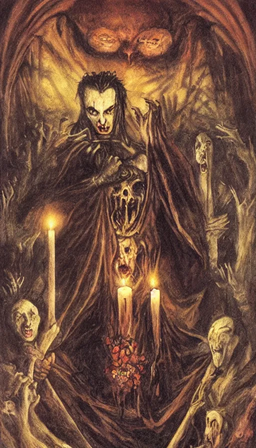 Image similar to dracula, gothic horror, by brian froud, candlelit catacombs