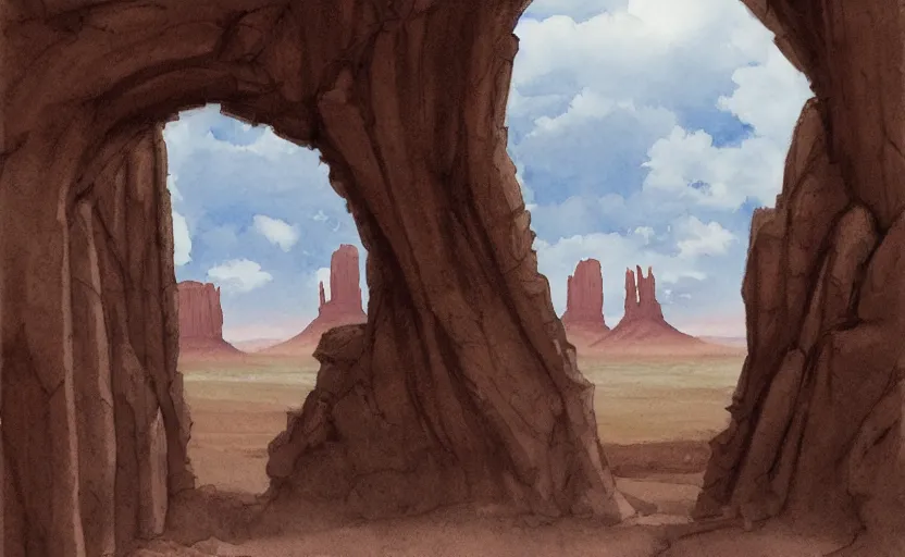 Prompt: a hyperrealist watercolor concept art of a medieval monk in grey robes in monument valley looking through a rock arch through a portal to a castle in an alien world. very muted colors, by rebecca guay, michael kaluta, charles vess. high detail, hq, wide shot, 4 k