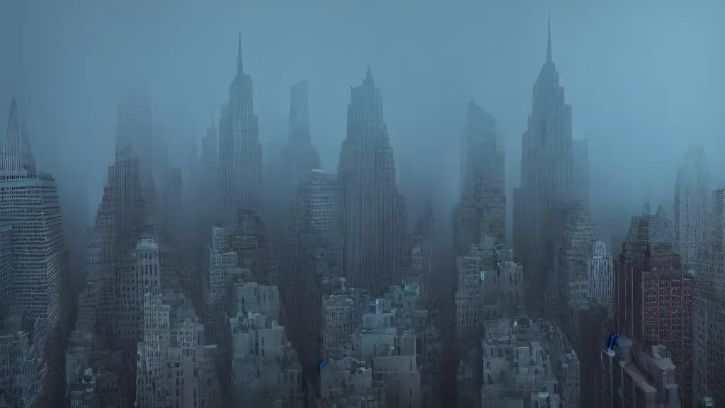 Image similar to Hulk sized Obama towers over a foggy Manhattan; render by Beeple, 4K