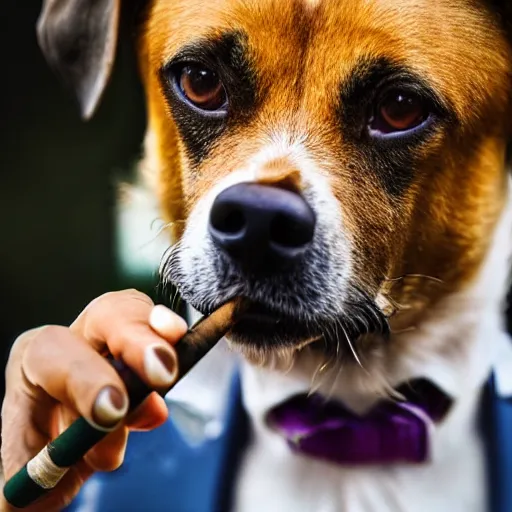 Image similar to a high detail closeup photograph of a dog wearing a suit 👔,and smoking a cigarrette🚬, award wining photograph