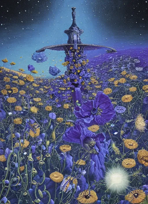 Image similar to detailed, intricate blue black and purple papaverum flower on the field, nebula, galaxy in the sky, winning award masterpiece, fantastically beautiful, illustration, aestheticly inspired, jacek yerka, upscale with anguissola sofonisba work, artstation, 8 k