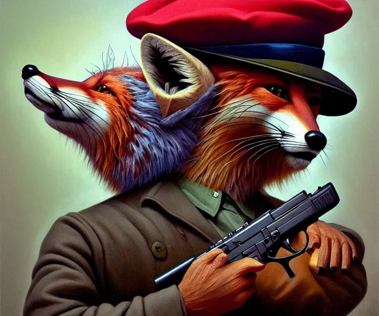 Prompt: hyper detailed 3d render like a Oil painting - portrait of an anthro fox wearing a beret and pointing a glock at the camera, by Jacek Yerka, Mariusz Lewandowski, Houdini algorithmic generative render, Abstract brush strokes, Masterpiece, Edward Hopper and James Gilleard, Zdzislaw Beksinski, Mark Ryden, Wolfgang Lettl, hints of Yayoi Kasuma, octane render, 8k