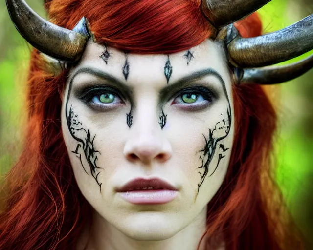 Image similar to 5 5 mm portrait photo of an armored gorgeous anesthetic redhead woman warrior with a face tattoo and horns growing from her head, in a magical forest in the style of stefan kostic, art by luis royo. highly detailed 8 k. intricate. lifelike. soft light. nikon d 8 5 0. cinematic post - processing