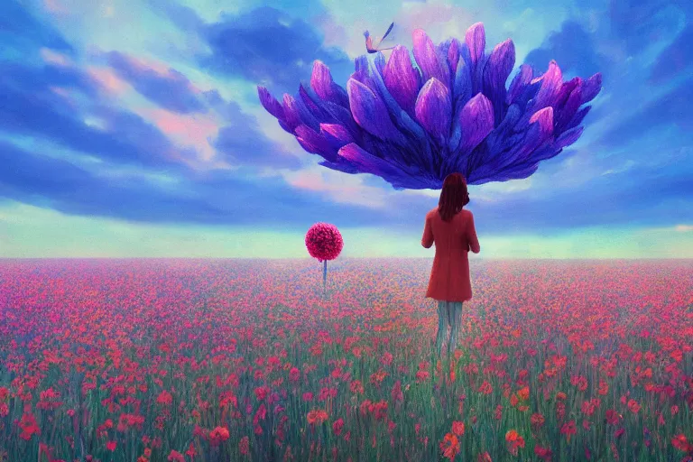 Image similar to closeup, giant flower head, girl in suit floating above field of flowers, surreal photography, sunrise, blue sky, dramatic light, impressionist painting, digital painting, artstation, simon stalenhag