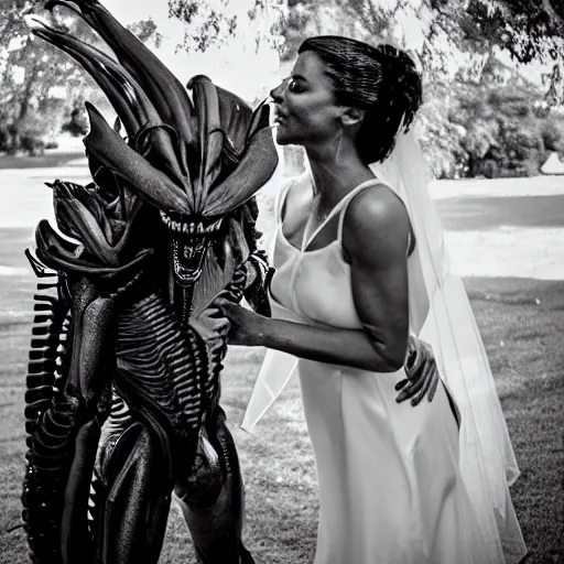 Prompt: wedding photography picture of a predator ( from the predator movies ) as the groom and a xenomorph alien as the bride in an outdoor wedding ceremony