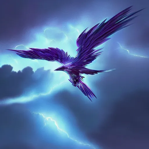 Prompt: Mythical Blue and Purple Thunderbird With Spread Wings Is Flying Through a Thunderstorm, Dramatic Lighting, Artstation