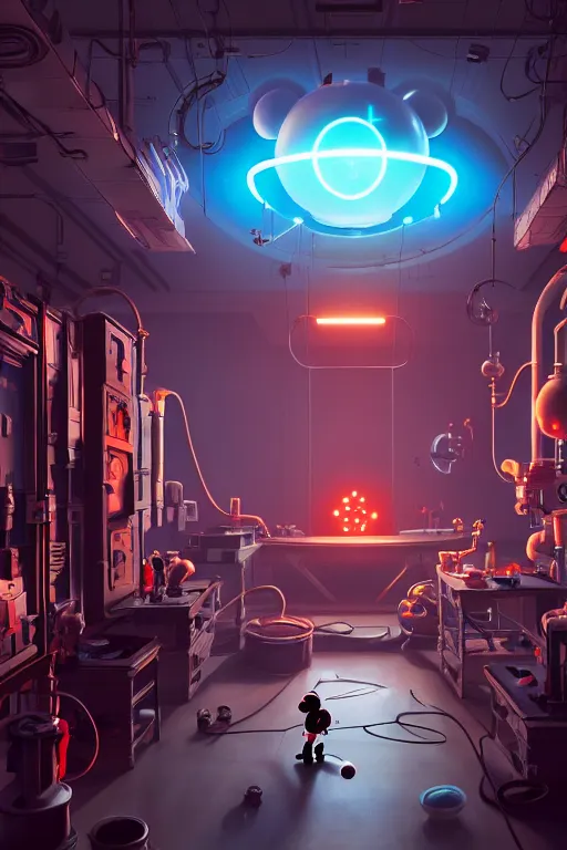 Prompt: bunch of mechanics operating bloody mickey mouse in science facility, big glowing netflix logo behind, greg rutkowski, beeple, gilleard, alphonse mucha cgsociety, unreal engine, octane render, highly detailed 4 k art, smooth, sharp focus, cinematic lighting,