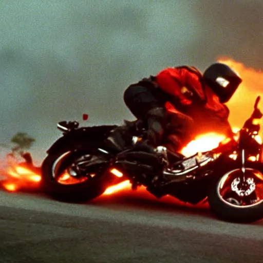 Image similar to film still from the 'Epic Action Movie' (1995). Exciting action scene of a motorcycle and explosions. Sigma 85mm f/8