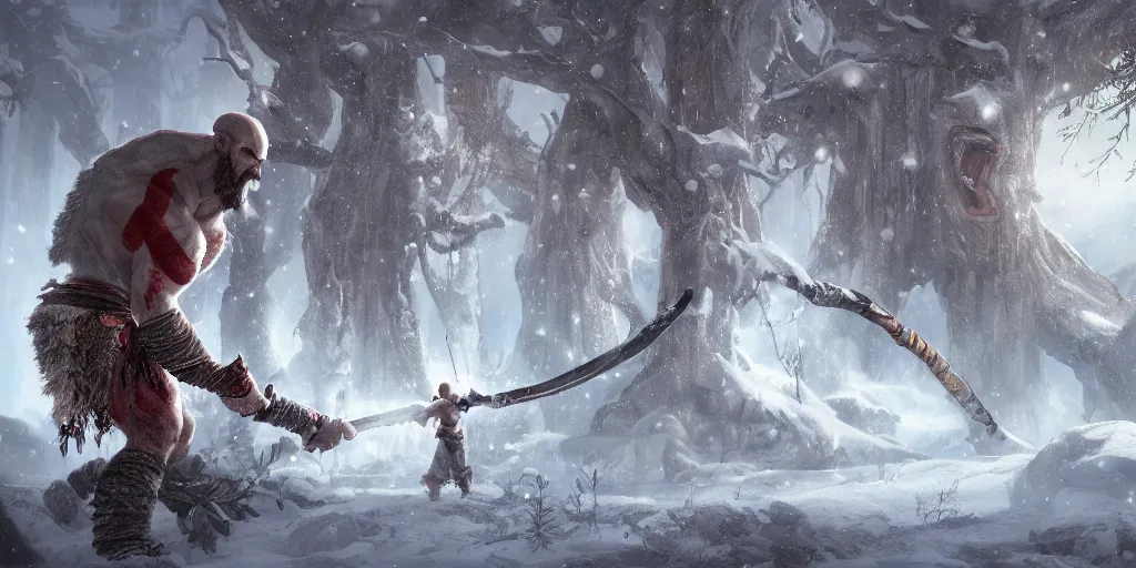 Image similar to an environmental concept art of god of war, a giant cyclops wields a tree, winter, highly detailed, environmental light, cinematic by francis tneh